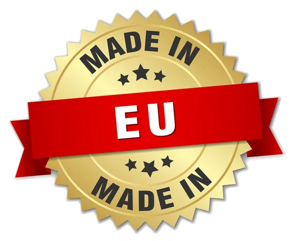 Gemaakt in eu gouden badge met rood lint — Stockvector