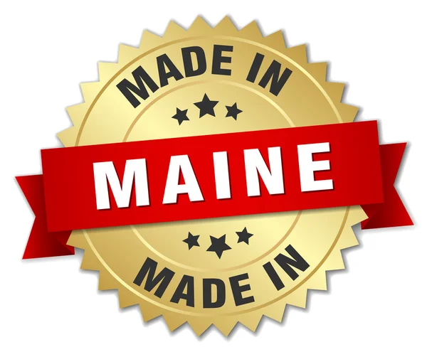Feito em crachá de ouro Maine com fita vermelha — Vetor de Stock
