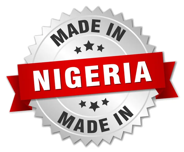 Gemaakt in Nigeria zilveren badge met rood lint — Stockvector