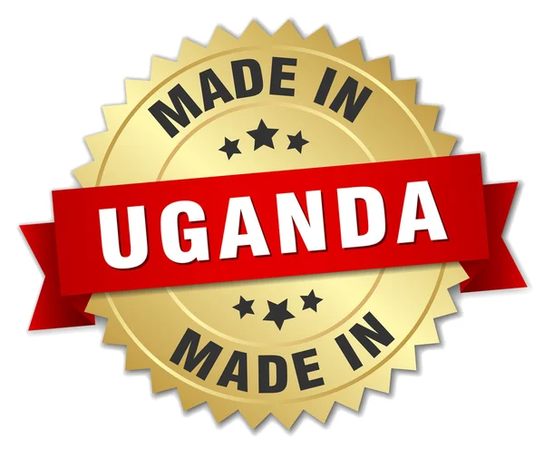 Made in Uganda gold badge with red ribbon — Stock Vector