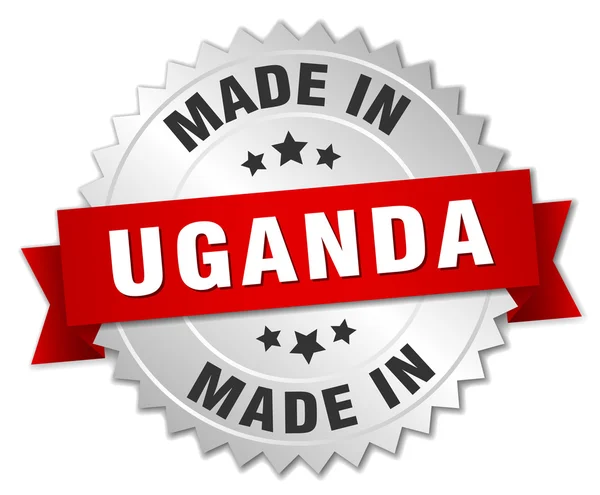 Gemaakt in Oeganda zilveren badge met rood lint — Stockvector