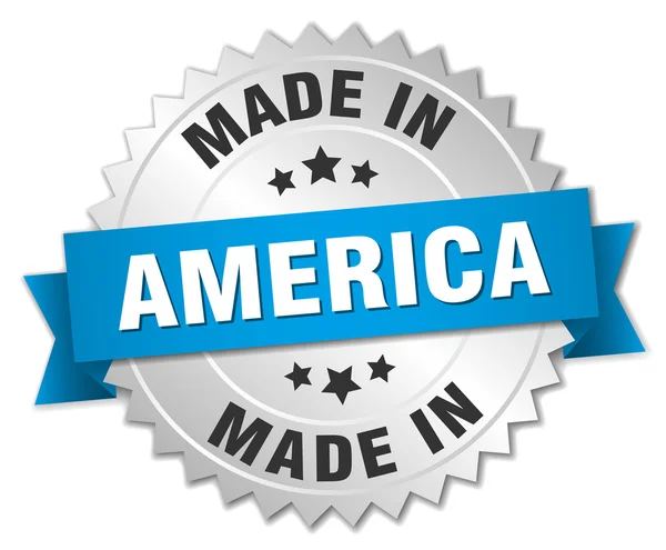 Made in America silver badge with blue ribbon — Stock Vector