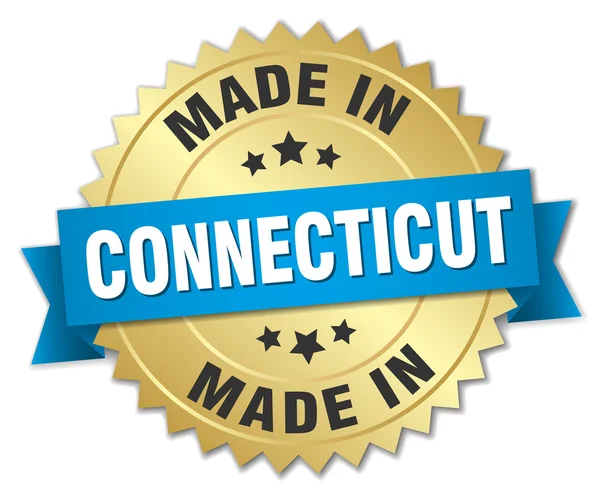 Gemaakt in Connecticut gouden badge met blauw lint — Stockvector