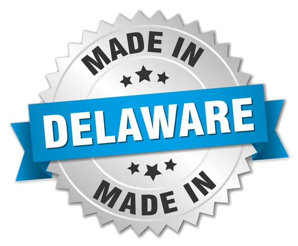 Made in Delaware silver badge with blue ribbon — Stock Vector
