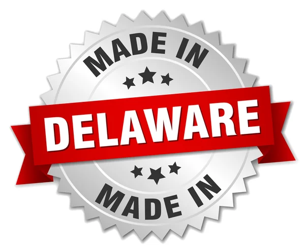 Made in Delaware silver badge with red ribbon — Stock Vector