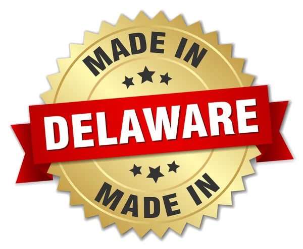 Made in Delaware gold badge with red ribbon — Stock Vector