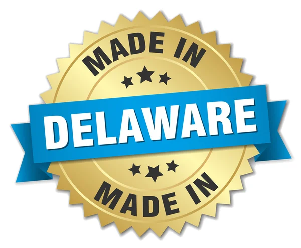 Made in Delaware gold badge with blue ribbon — Stock Vector
