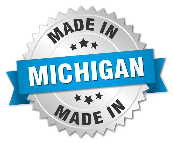 Gemaakt in Michigan zilveren badge met blauw lint — Stockvector