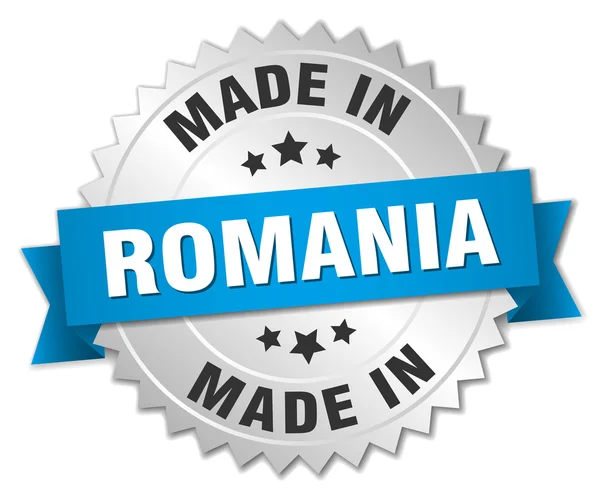 Made in Romania silver badge with blue ribbon — Stock Vector