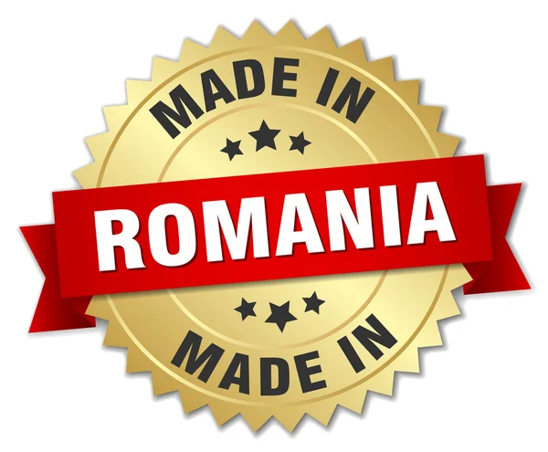 Hecho en Rumania insignia de oro con cinta roja — Vector de stock