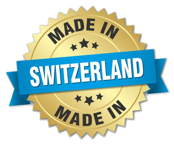 Made in Switzerland gold badge with blue ribbon — Stock Vector