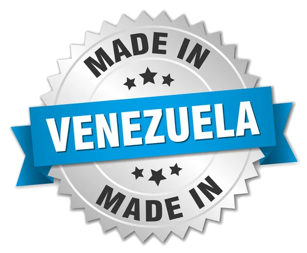 Gemaakt in Venezuela zilveren badge met blauw lint — Stockvector