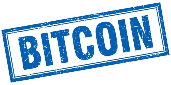 Bitcoin blu quadrata grunge timbro su bianco — Vettoriale Stock