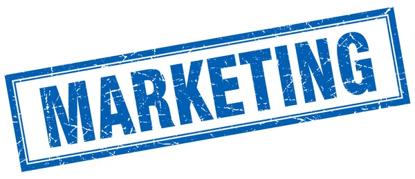 Comercialização azul quadrado grunge selo em branco — Vetor de Stock