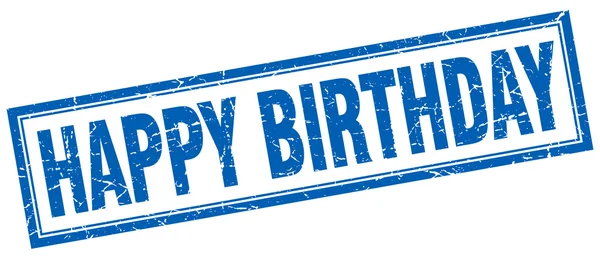 Happy Birthday blauer quadratischer Grunge-Stempel auf weißem Grund — Stockvektor