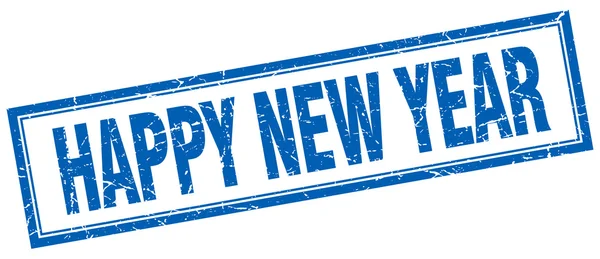快乐新的一年蓝色方形 grunge 邮票上白 — 图库矢量图片