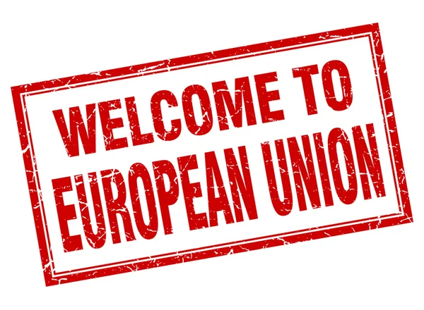 Unión Europea Grunge cuadrado rojo bienvenida sello aislado — Vector de stock