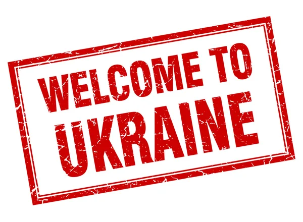 Ucraina grunge quadrato rosso benvenuto timbro isolato — Vettoriale Stock