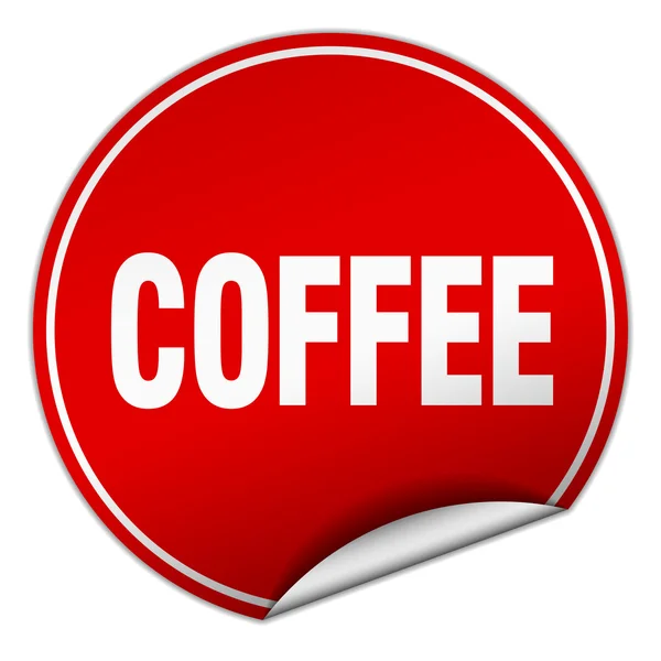 Kávé kerek piros matrica, elszigetelt fehér — Stock Vector