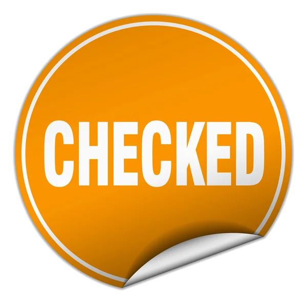 Checked round orange sticker isolated on white — Stock Vector