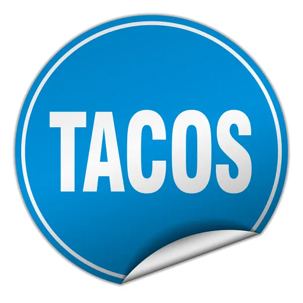 Tacos round blue sticker isolated on white — Stock Vector