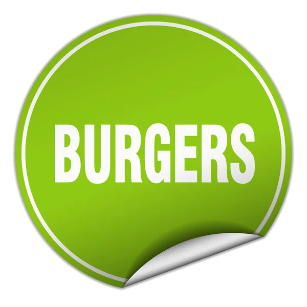 Yeşil etiket üzerinde beyaz izole yuvarlak Burger — Stok Vektör