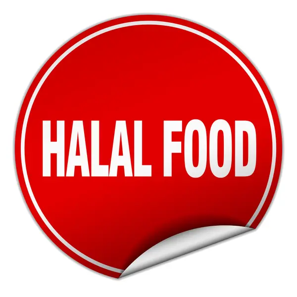 Halal τροφίμων γύρω από κόκκινο αυτοκόλλητο που απομονώνονται σε λευκό — Διανυσματικό Αρχείο