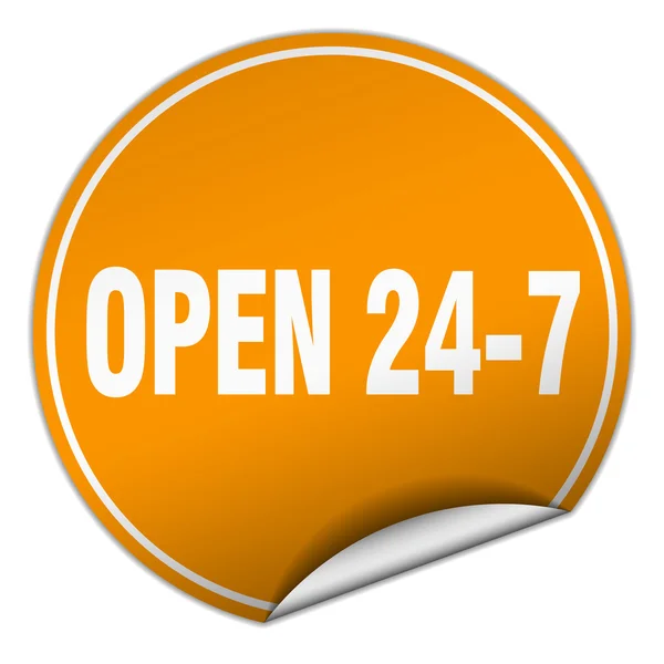 Open 24 7 ronde oranje sticker geïsoleerd op wit — Stockvector