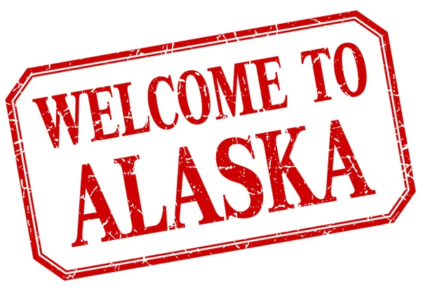Alaska - benvenuto etichetta rossa vintage isolata — Vettoriale Stock