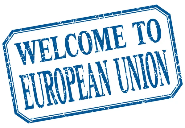 União europeia - bem-vindo rótulo isolado vintage azul —  Vetores de Stock