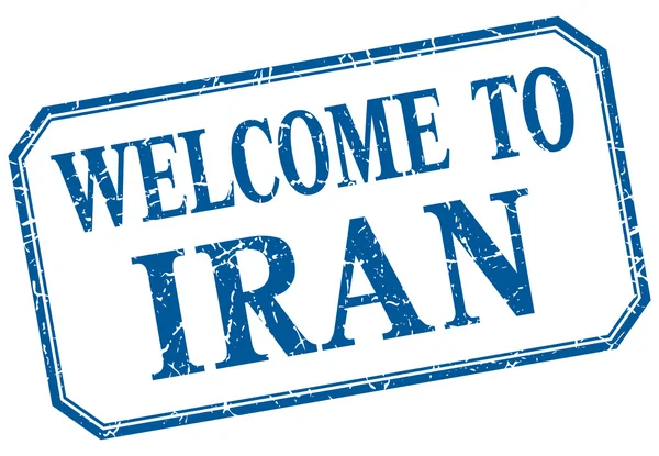 Iran - Zapraszamy niebieski wzór etykiety na białym tle — Wektor stockowy