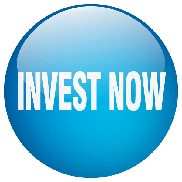Inwestować teraz niebieski okrągły żel na białym tle naciśnij przycisk — Wektor stockowy