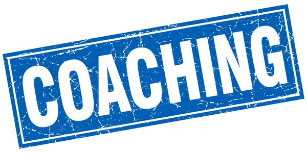 Coaching blauwe vierkante grunge stempel op wit — Stockvector