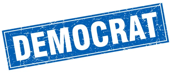 Democraat blauwe vierkante grunge stempel op wit — Stockvector