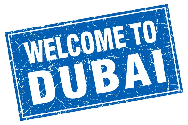 Dubai niebieski kwadrat tło Witamy pieczęć — Wektor stockowy