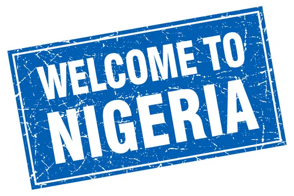 Nigeria grunge quadrato blu benvenuto a timbrare — Vettoriale Stock