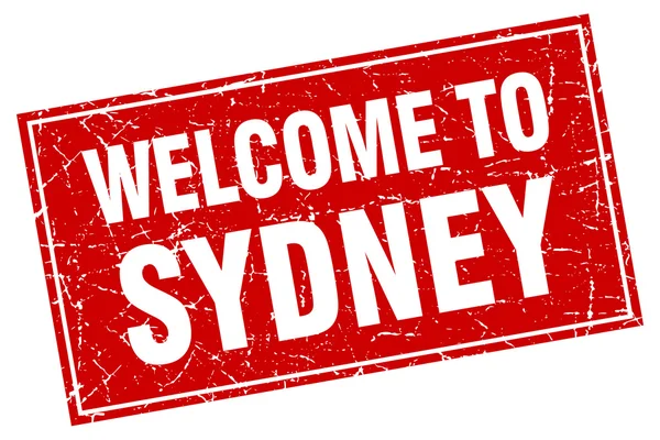 Sydney grunge cuadrado rojo bienvenido al sello — Vector de stock