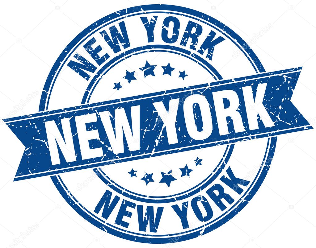 New York blue round grunge vintage ribbon stamp