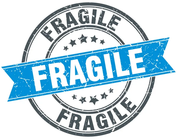 Fragile blue round grunge vintage ribbon stamp — Stock Vector