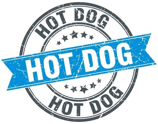 Hot dog modré kulaté razítko vintage stuha grunge — Stockový vektor