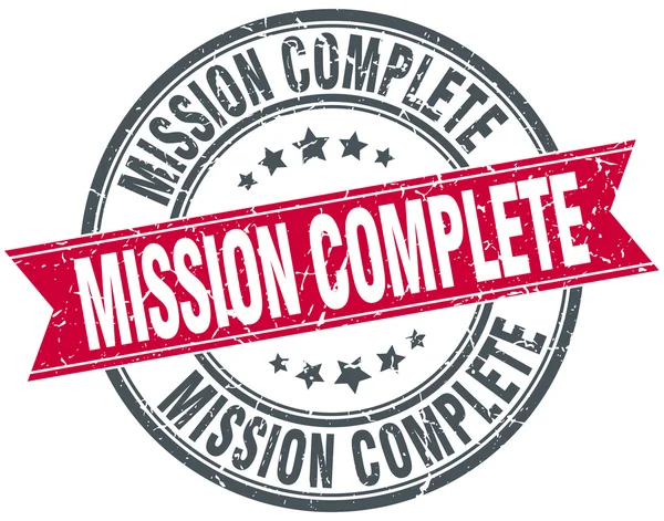 Mission complete red round grunge vintage ribbon stamp — Stock Vector