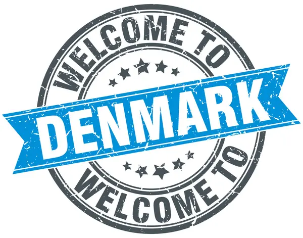 Benvenuto in Danimarca timbro vintage rotondo blu — Vettoriale Stock