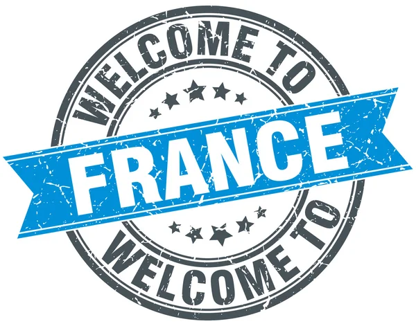 Benvenuto in Francia francobollo vintage rotondo blu — Vettoriale Stock