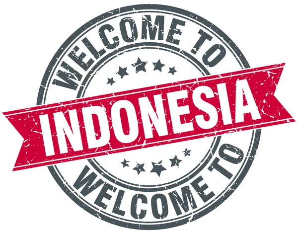 에 오신 것을 환영 합니다 인도네시아 레드 빈티지 스탬프 라운드 — 스톡 벡터