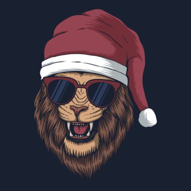 Şirketiniz veya markanız için Noel Baba şapkası takan bir aslan.