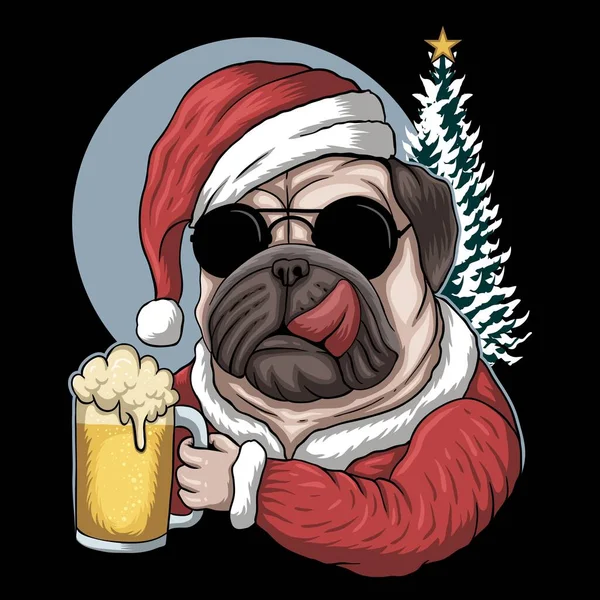 Pug Dog Beer Wearing Santa Costume Christmas Vector Illustration Your — Stock Vector