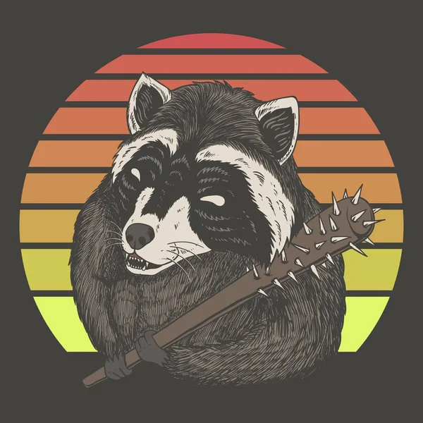 Raccoon Prêt Frapper Coucher Soleil Illustration Vectorielle Rétro Pour Votre — Image vectorielle