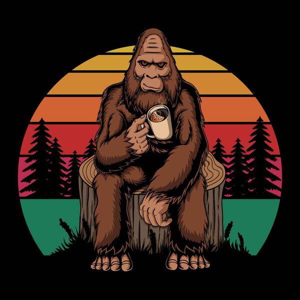 Bigfoot relaxing coffee retro vector illustration for your company or brand