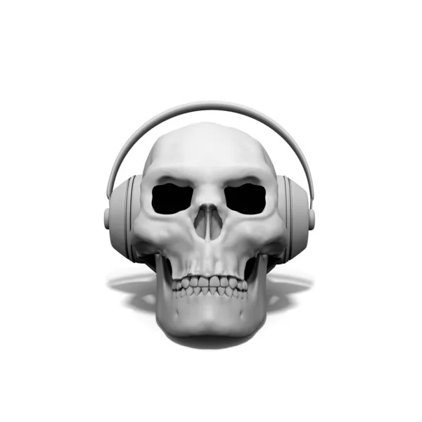 头戴耳机的骷髅 白色背景与阴影隔离 3D说明 — 图库照片