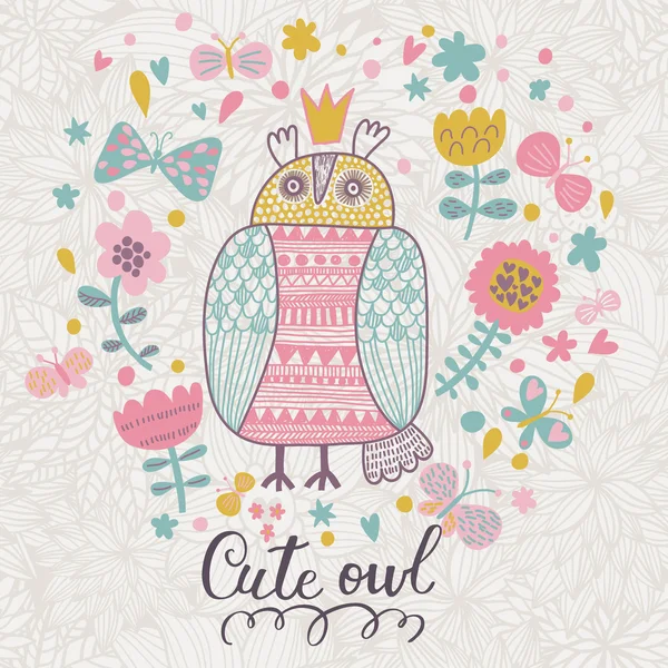 Cute cartoon owl and flowers — 图库矢量图片